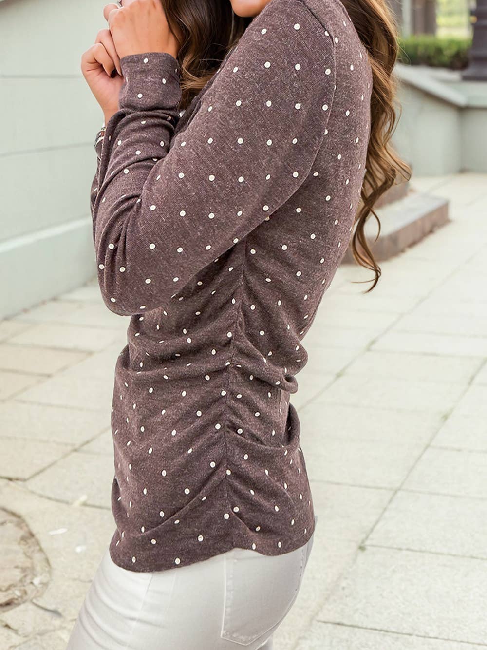 Polka Dot Boat Neck Long Sleeve Top – Brown & Taupe