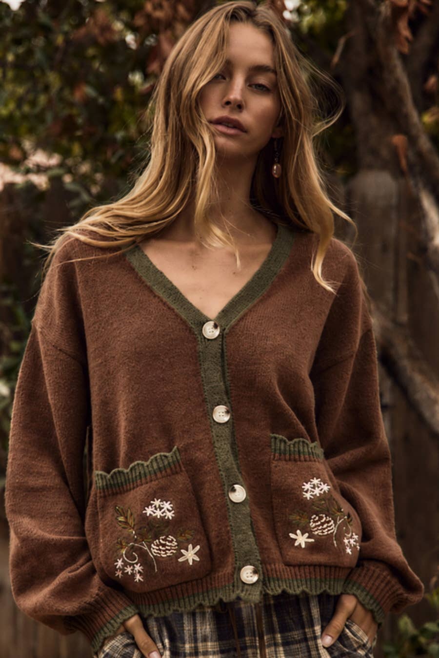 Cozy Floral Embroidered Knit Cardigan – Olive & Brown