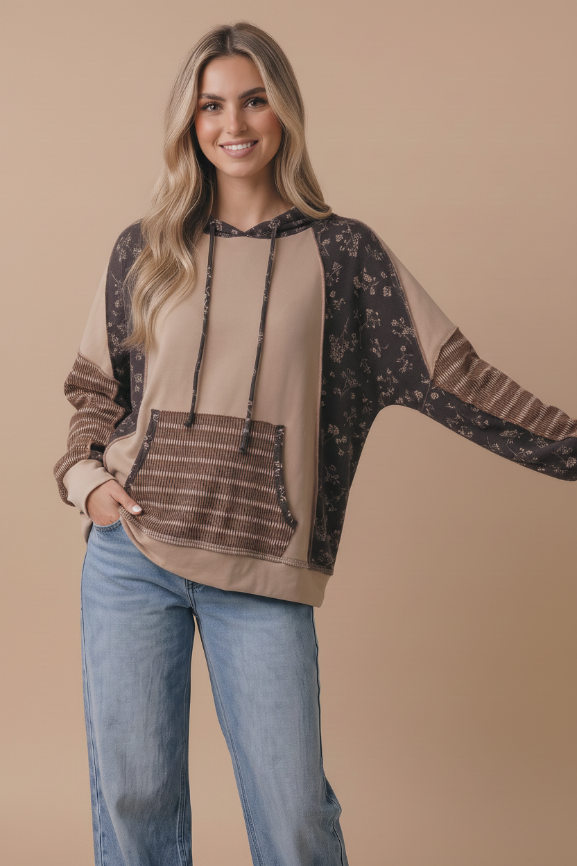 Mocha Floral Patchwork French Terry Hoodie