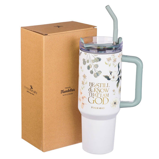 Be Still Teal Meadow Tumbler – 40 oz Christian Stainless Steel Cup with Straw (Psalm 46:10)