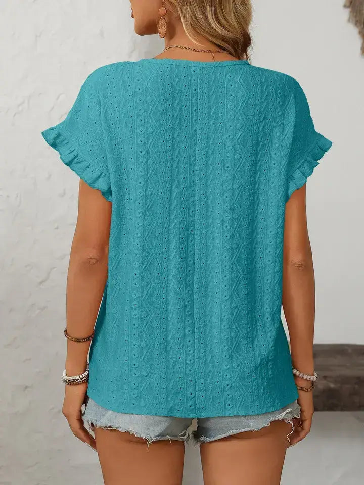 Light Blue Hollow-Out Crewneck Short Sleeve Summer Top