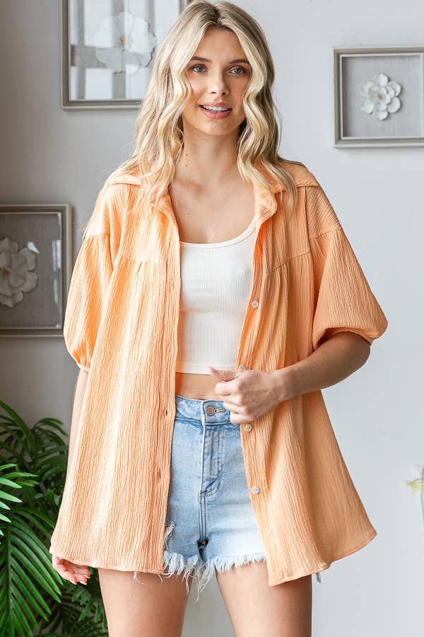 Solid Crinkle Button Down Short Sleeve Blouse
