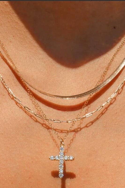 Gold Stainless Steel Layered Rhinestone Cross Necklace