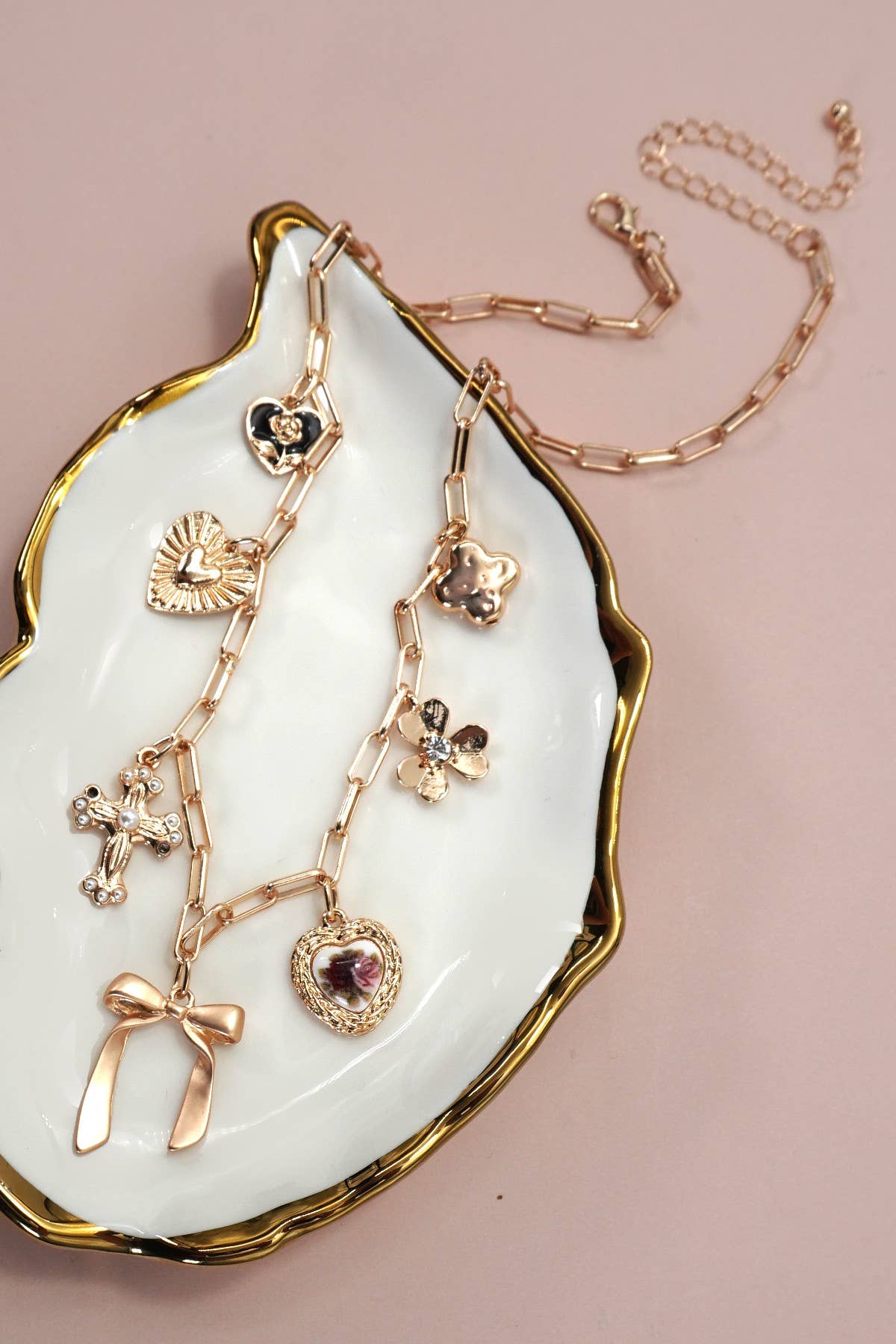 Vintage Charm Necklace – Floral Heart, Bow, Cross & Heart