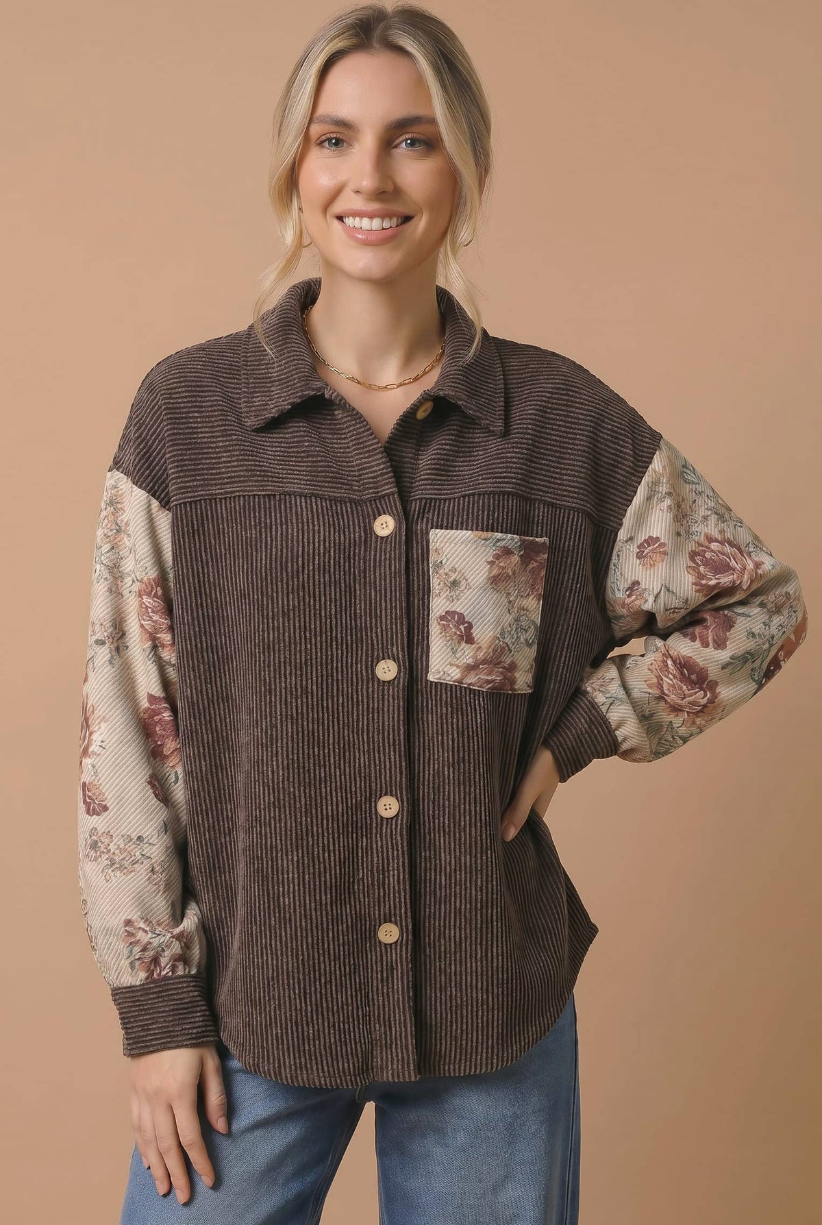 Vintage Floral Color Block Ribbed Button-Down Shacket