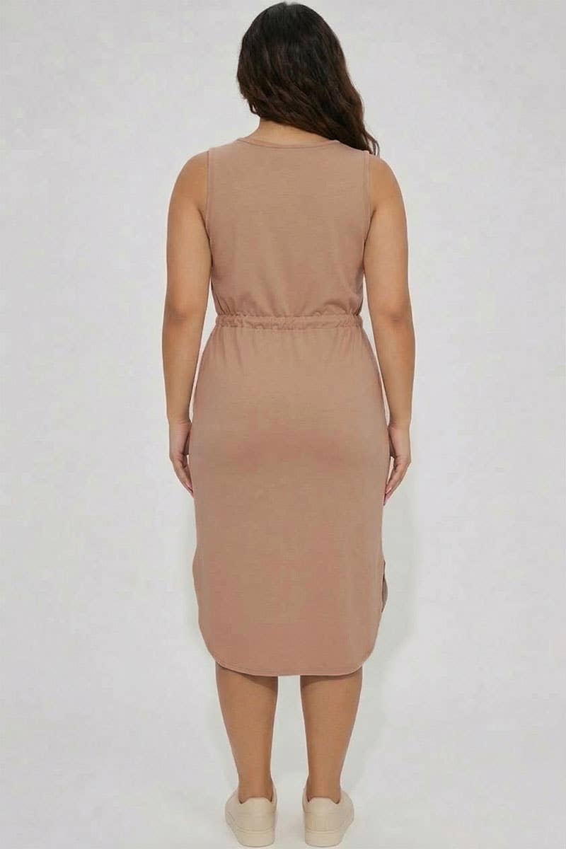 Drawstring Midi Dress – V-Neck Sleeveless High-Low Dress with Pockets