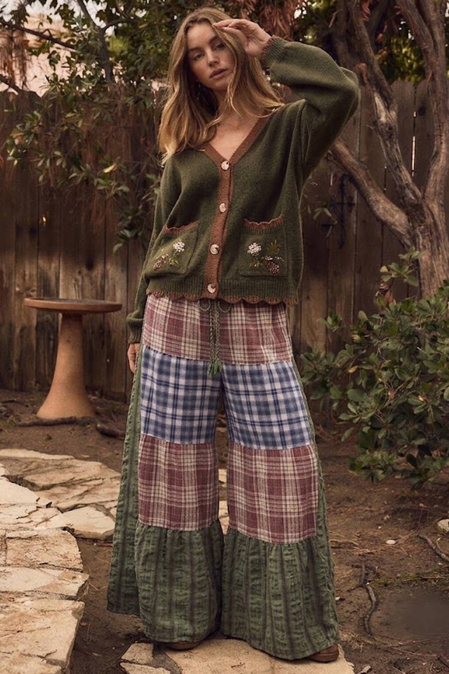 Boho Plaid Patchwork Maxi Skirt Pants – Flowy Wide Leg