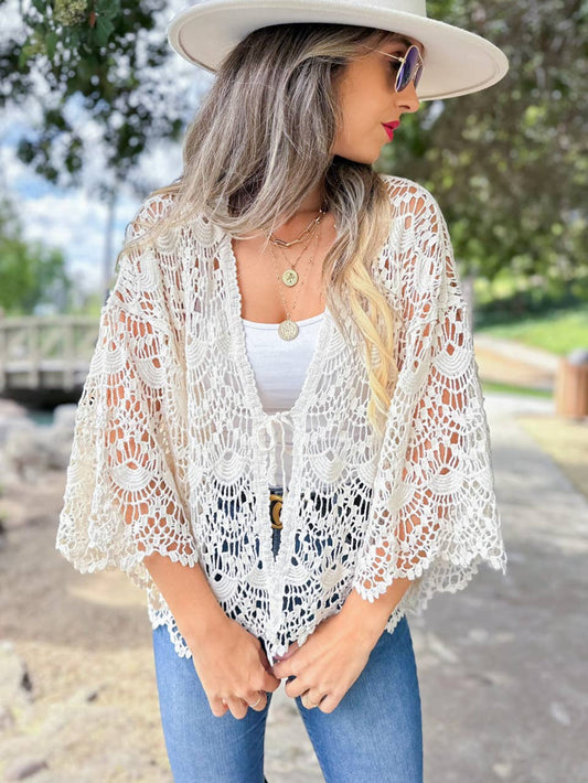 Boho Scallop Pattern Open Front Crochet Cardigan
