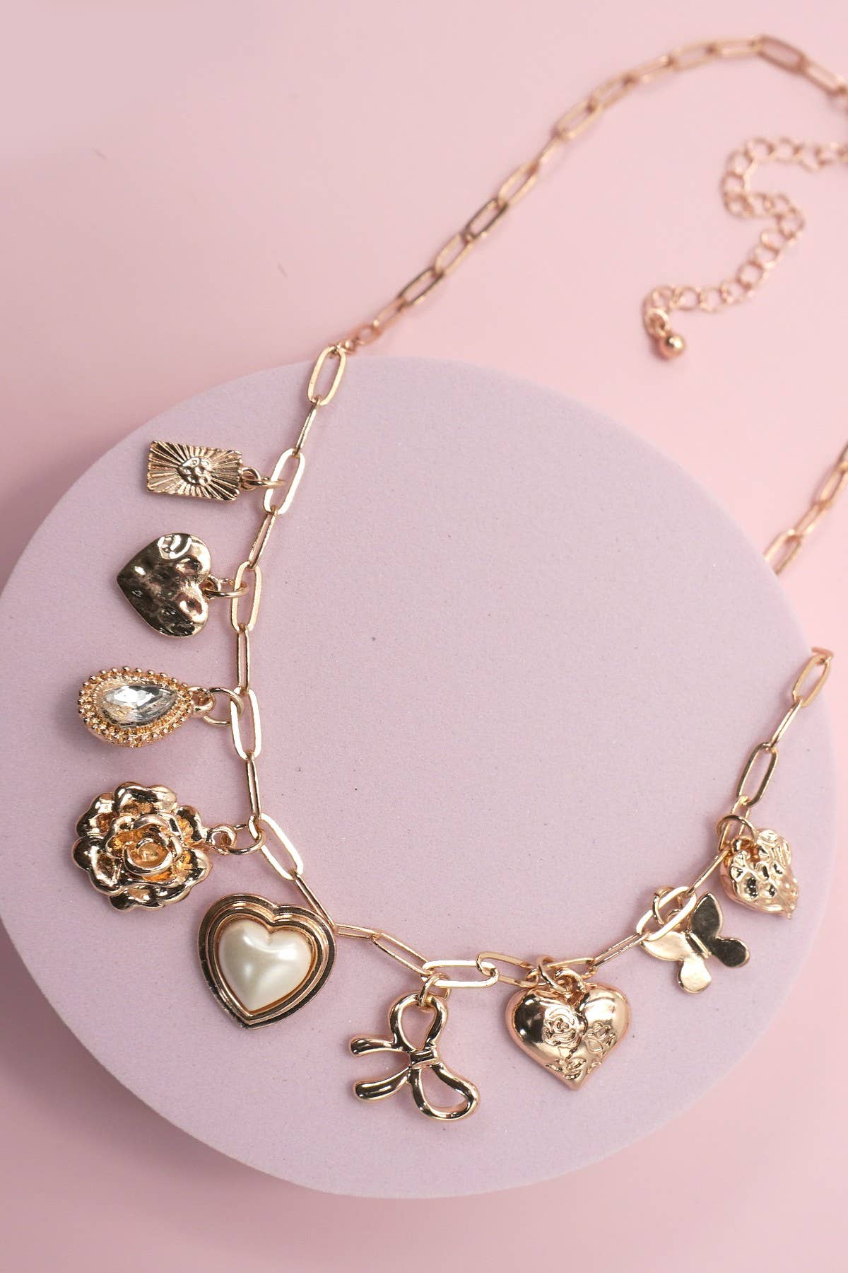 Charm Necklace – Pearl Heart, Bow & Rhinestone Accents