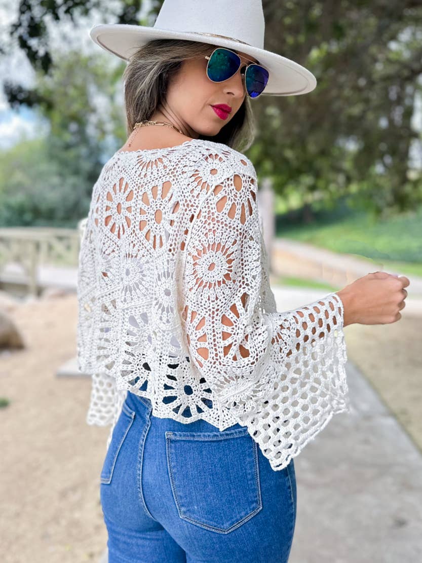 Ivory Floral Open Front Long Sleeve Crochet Cardigan