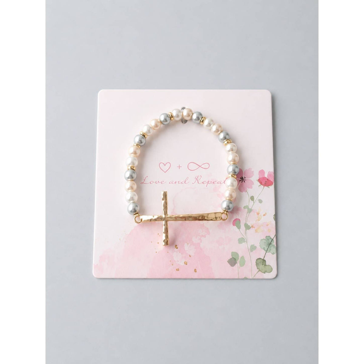 Hammered Cross Beaded Stretch Bracelet