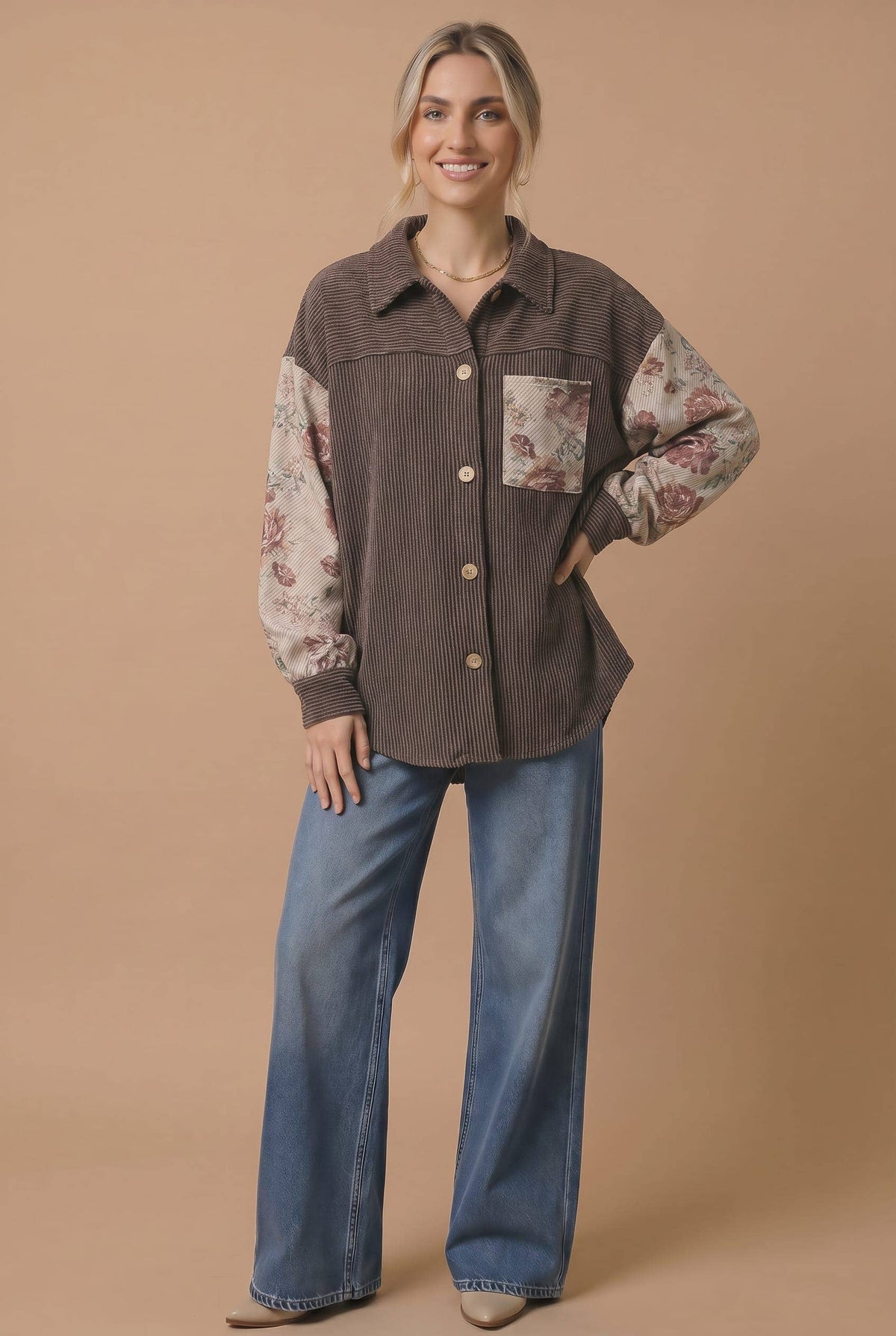 Vintage Floral Color Block Ribbed Button-Down Shacket