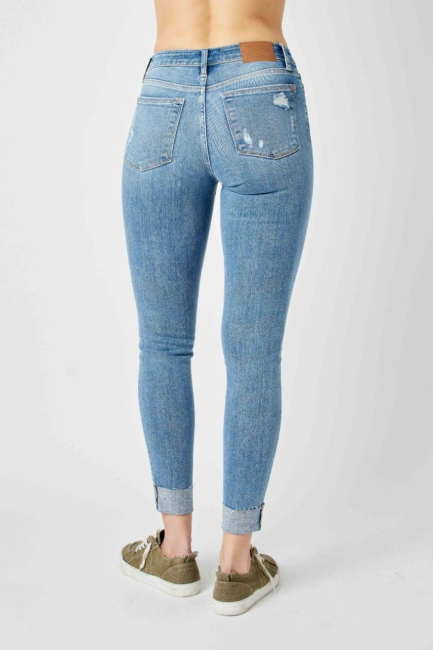 Judy Blue Mid-Rise Destroyed Skinny Jeans – Medium Wash Cuffed Ankle Denim