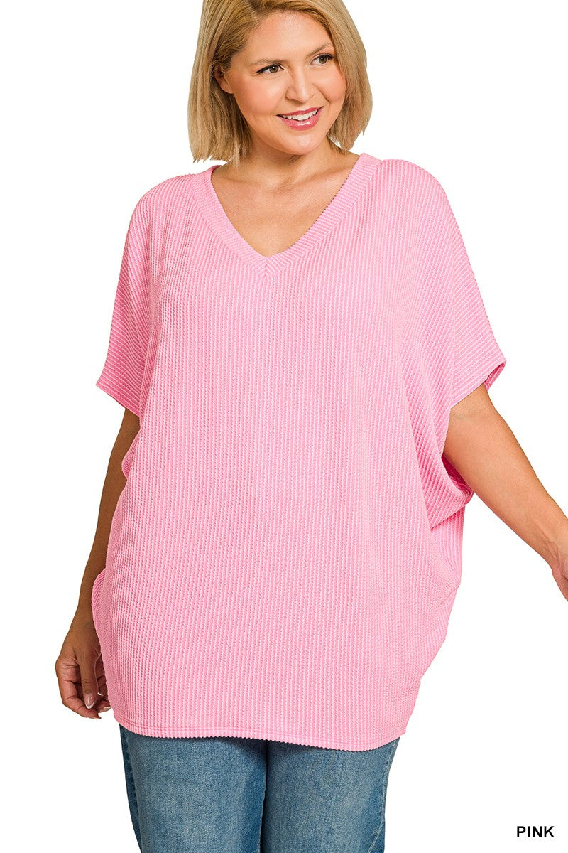 Raised Rib V-Neck Batwing Top