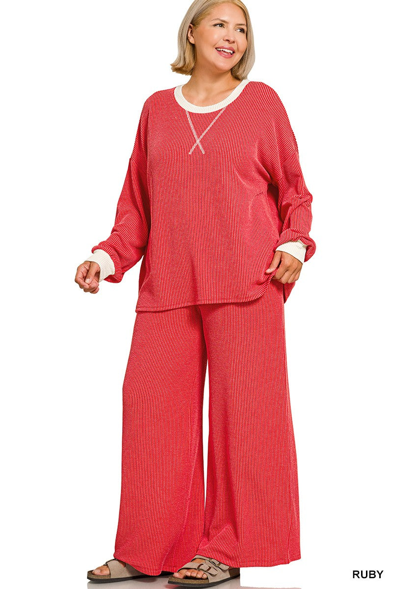 Cozy Raised Rib Two-Piece Lounge Set – Red, Black & Jade Green