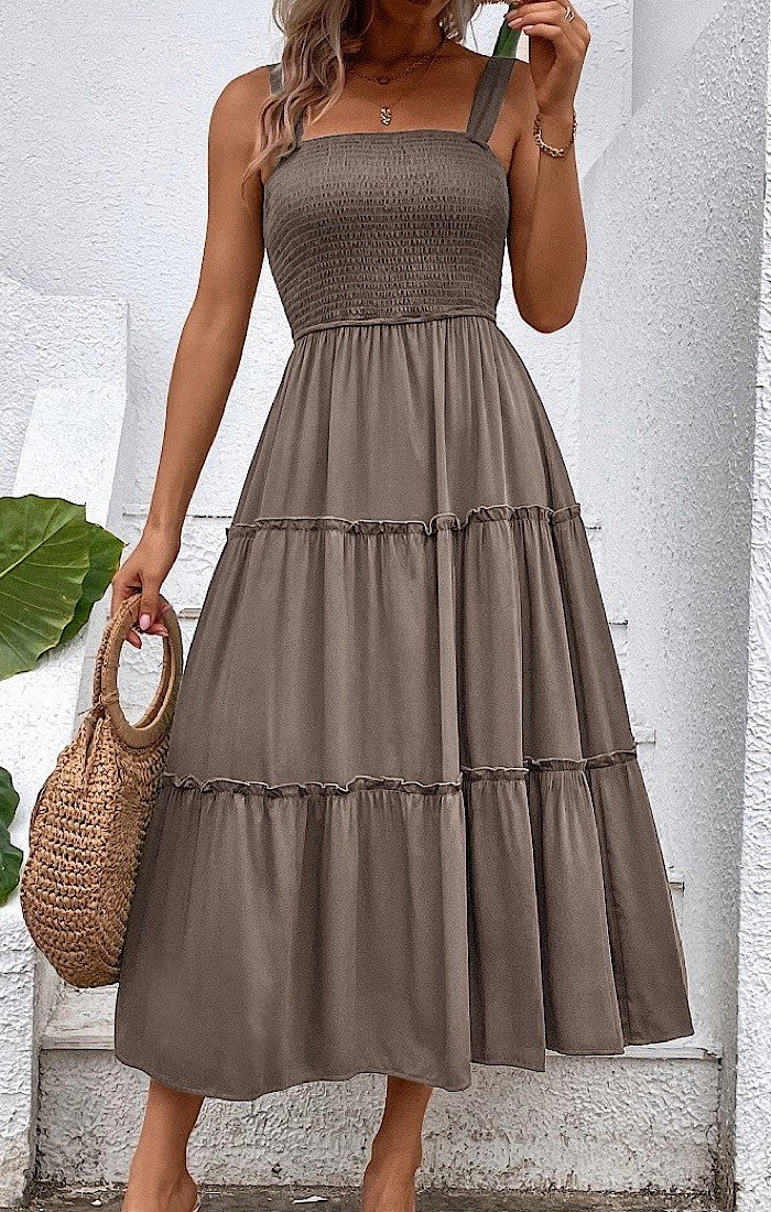 Dusty Trails Smocked Tiered Midi Dress