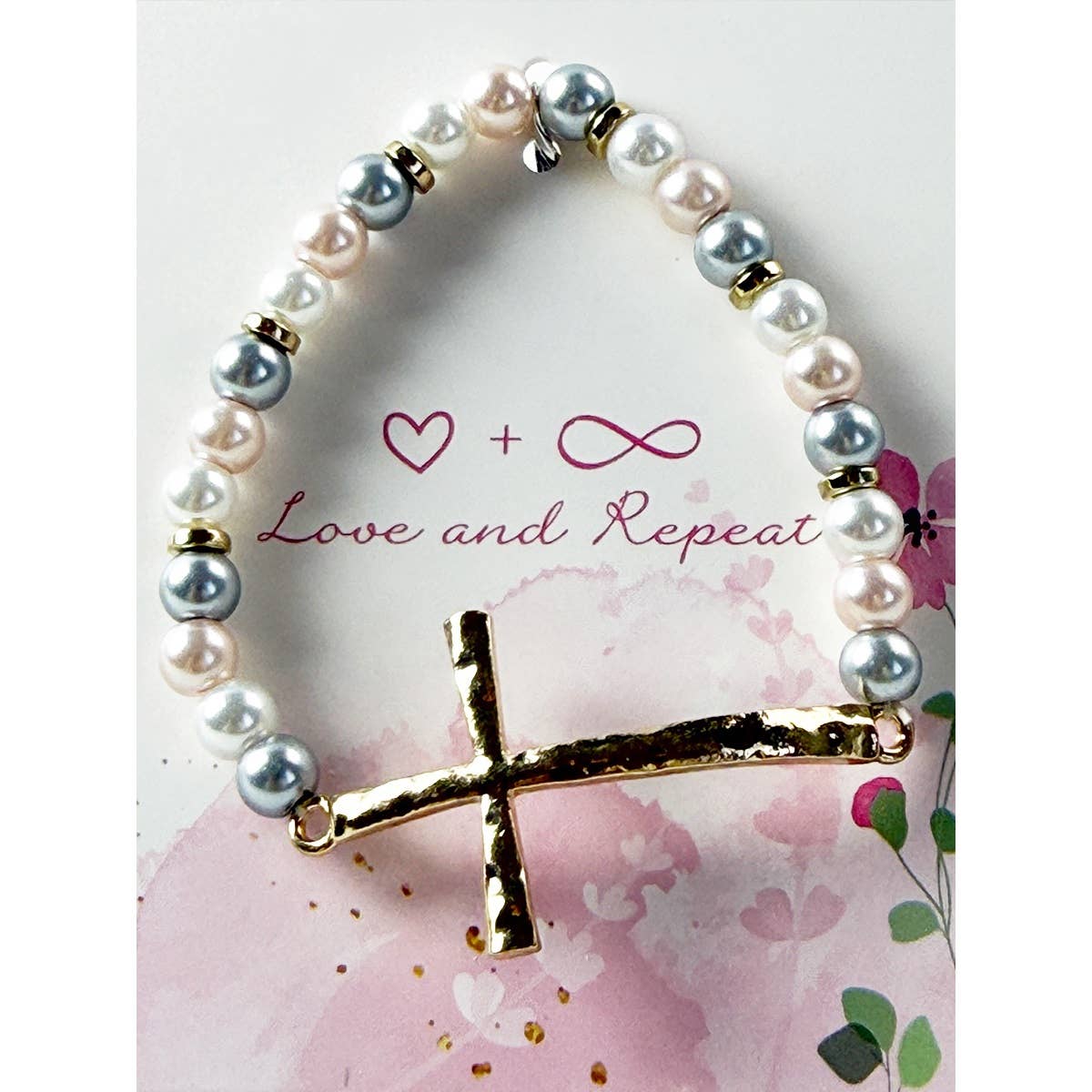 Hammered Cross Beaded Stretch Bracelet