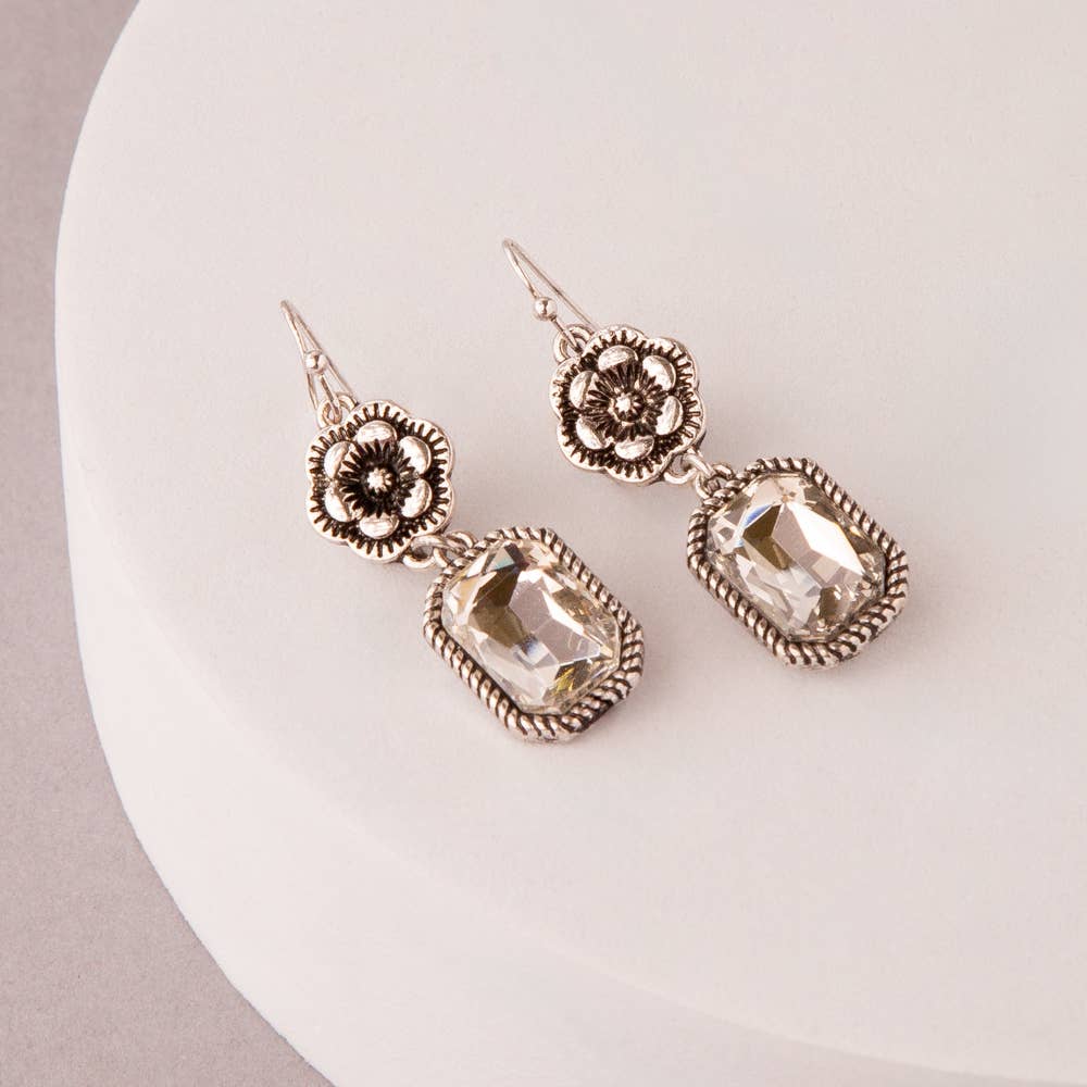 Western Floral Dangle Earrings – Jeweled Silver Post Statement Earrings