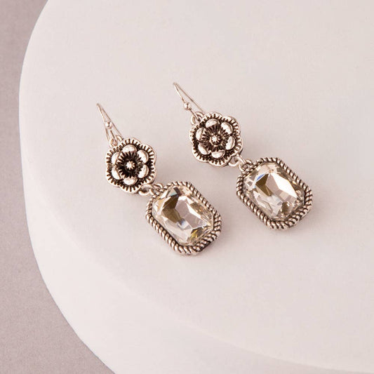 Western Floral Dangle Earrings – Jeweled Silver Post Statement Earrings