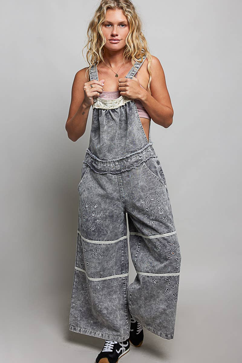 Laser-Cut Trim Accent Twill Denim Wide Leg Overalls