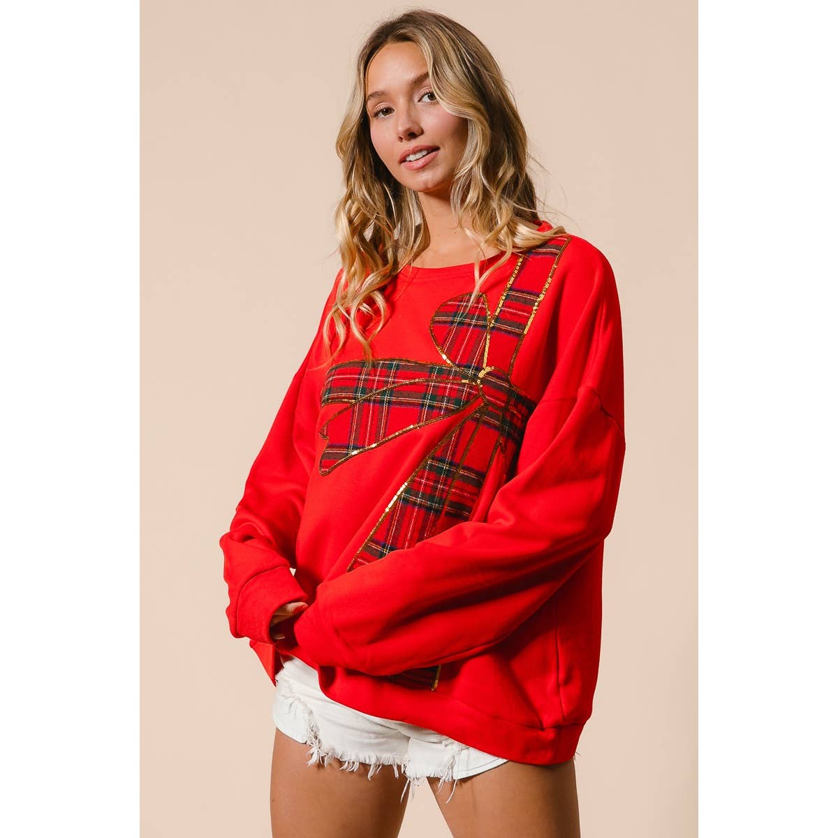 Christmas Plaid Bow Oversized Fleece Sweatshirt