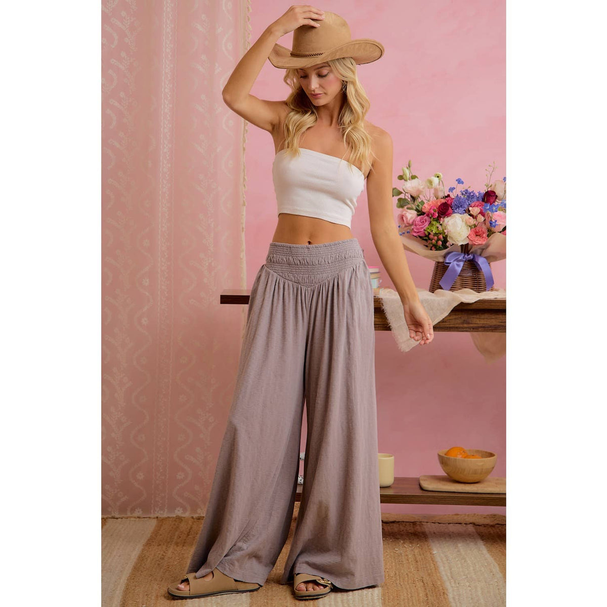 Mocha Smocked Waist Wide Leg Pants – Flowy & Relaxed Fit