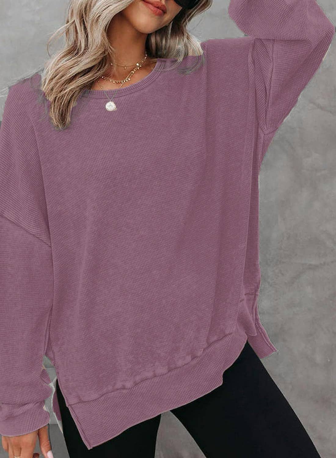 Solid Waffle Top Casual Oversized Drop Shoulder Pullover