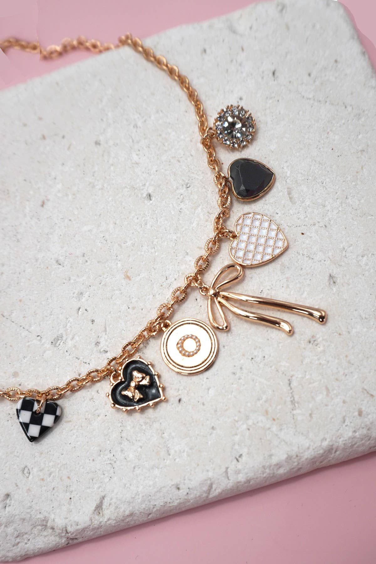 Checkered Hearts & Bows Charm Necklace