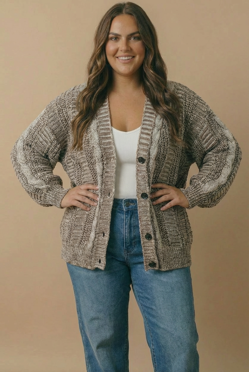 Two-Tone Chunky Cable Knit Button-Down Cardigan
