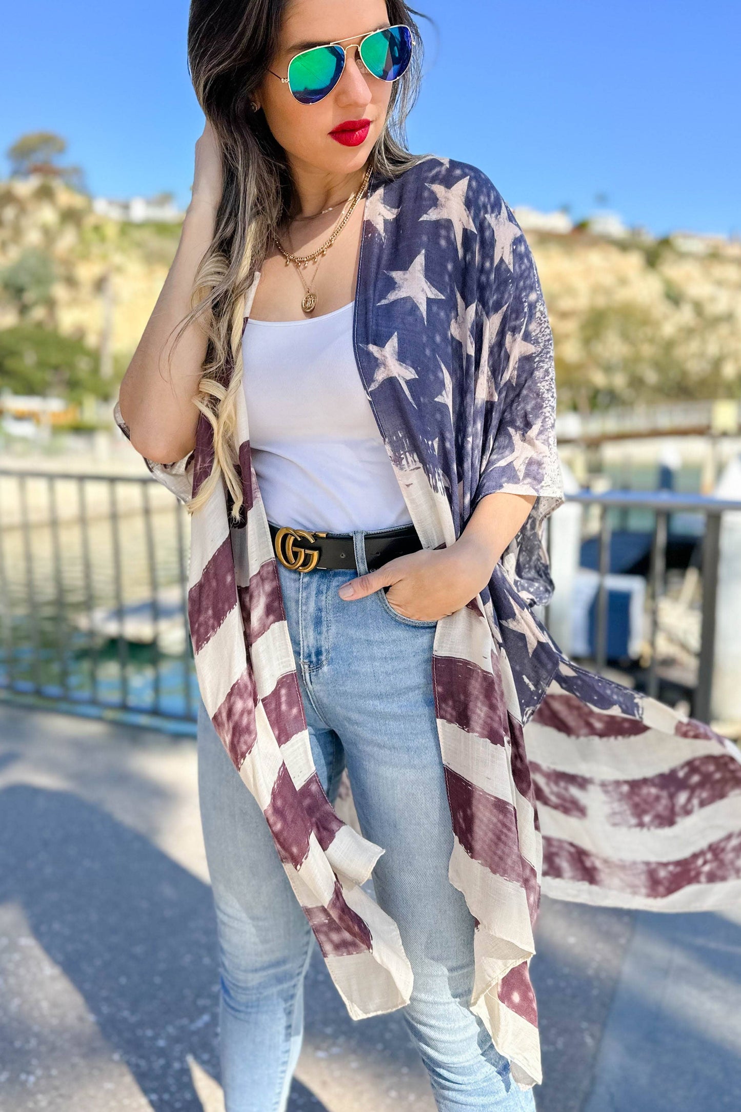 Vintage American Flag Printed Kimono
