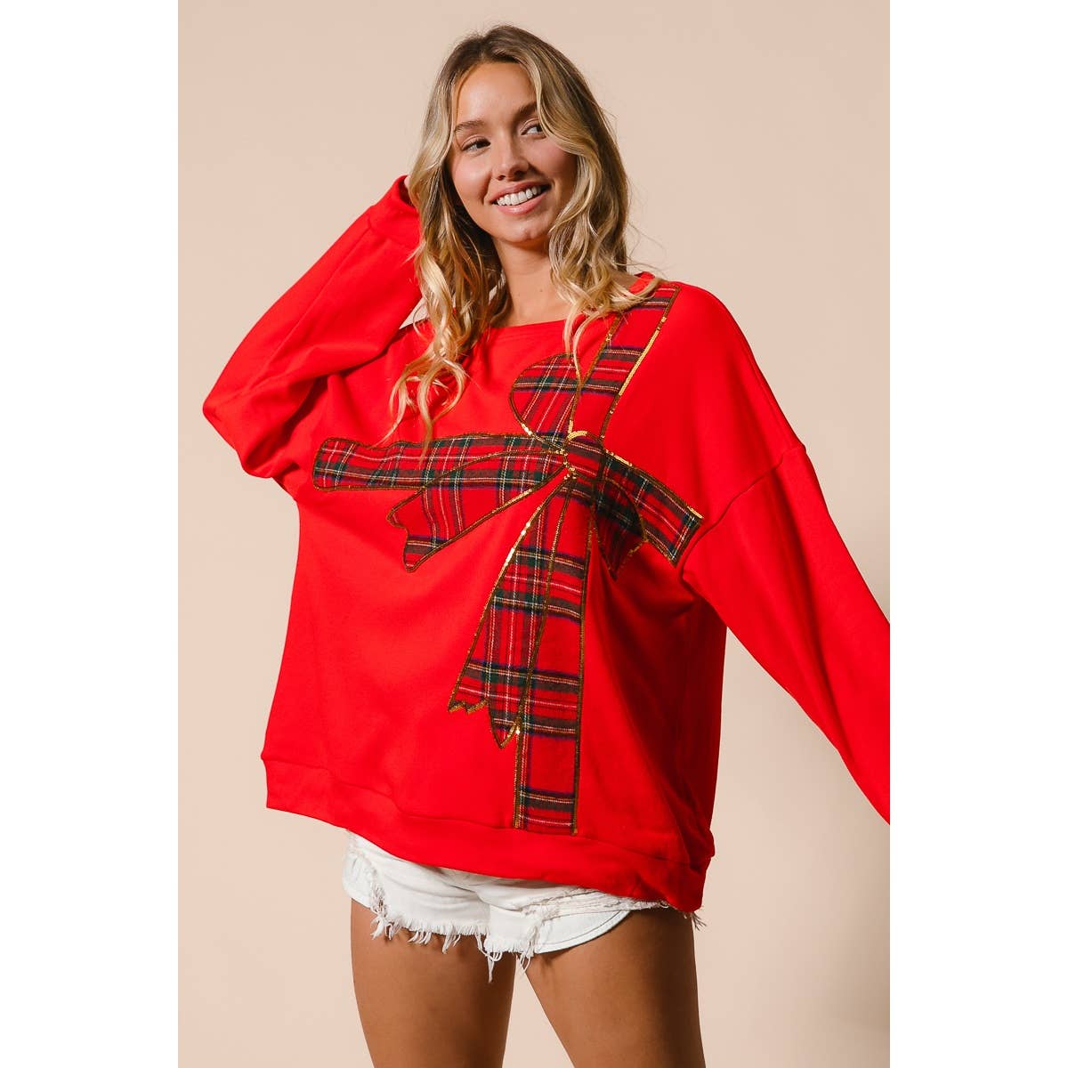 Christmas Plaid Bow Oversized Fleece Sweatshirt