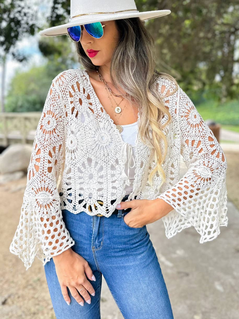 Ivory Floral Open Front Long Sleeve Crochet Cardigan