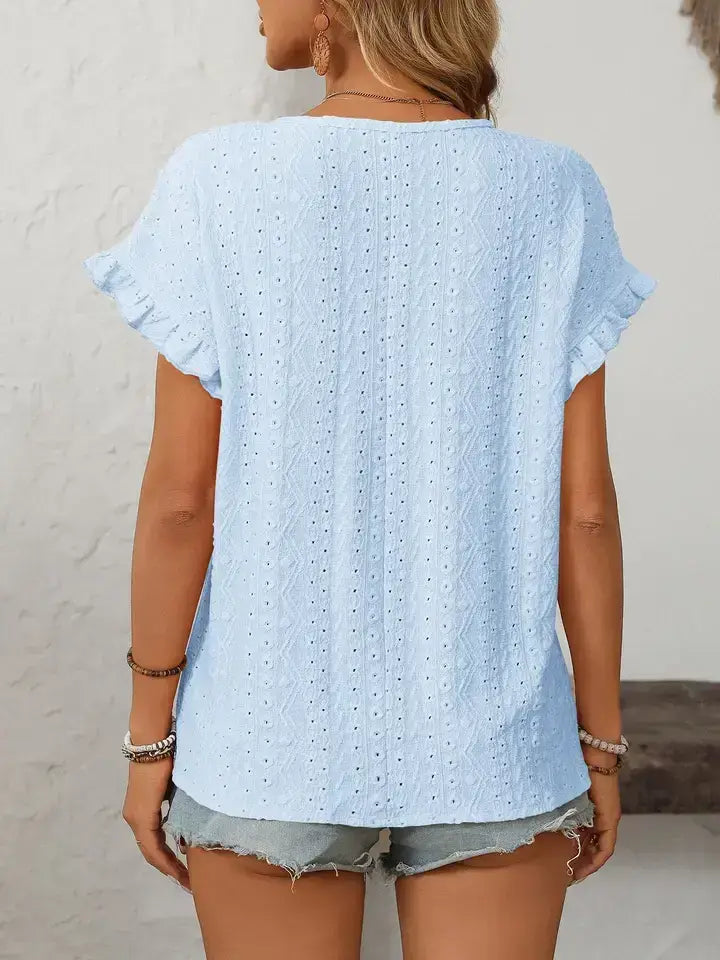Light Blue Hollow-Out Crewneck Short Sleeve Summer Top