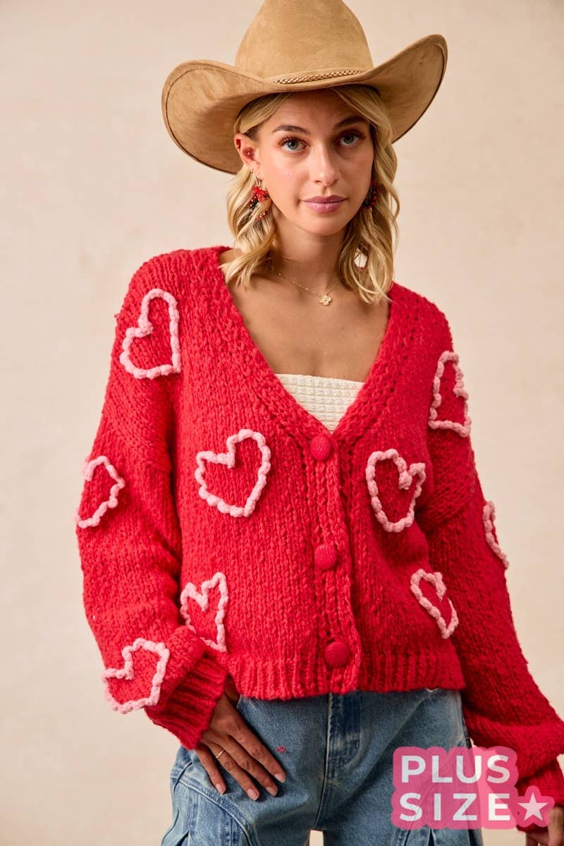 Heart Print Pom Pom Knit Cardigan