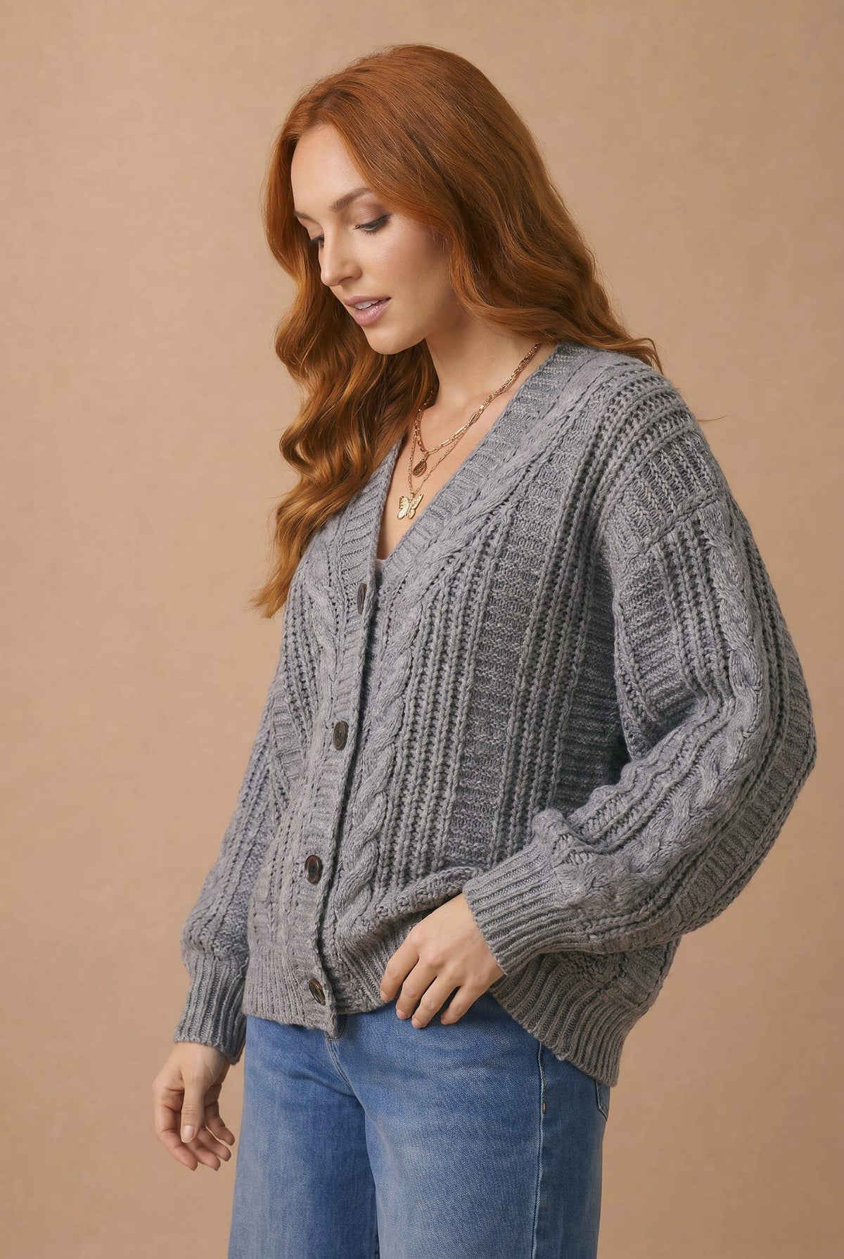 Two-Tone Chunky Cable Knit Button-Down Cardigan