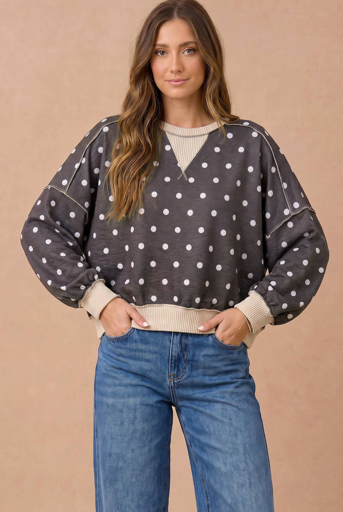 Charcoal Polka Dot Contrast Pullover