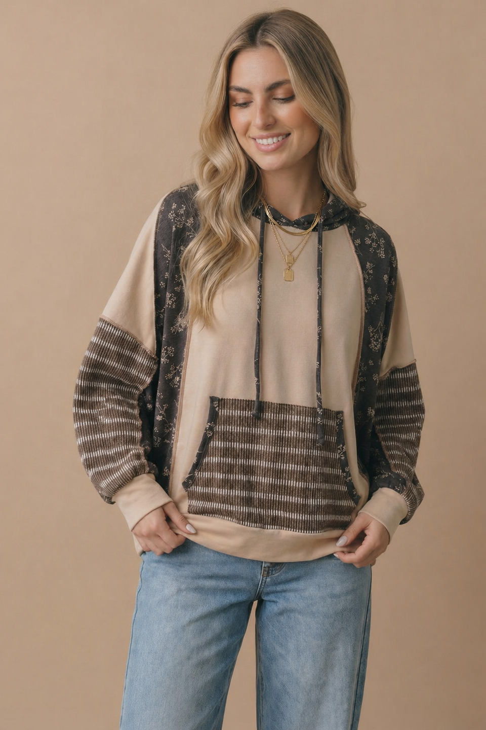 Mocha Floral Patchwork French Terry Hoodie