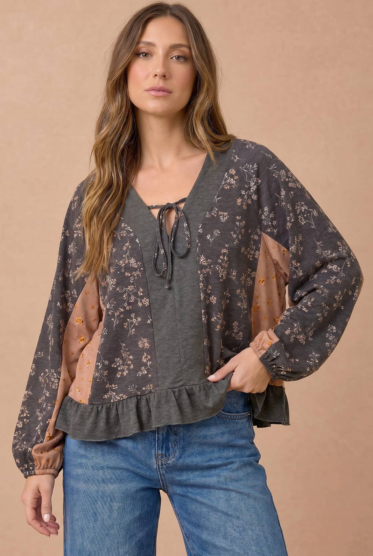Floral Color Block Babydoll Peplum Top – Charcoal