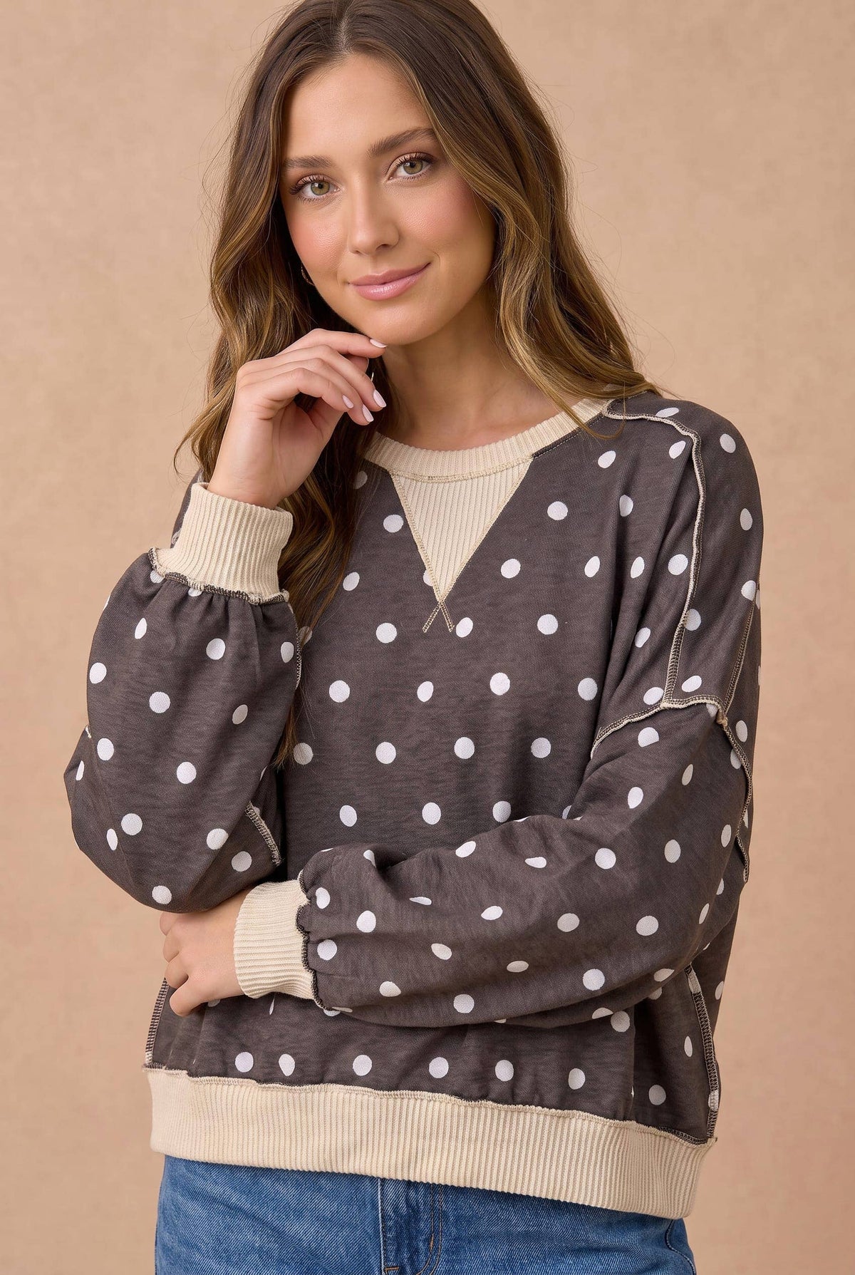 Charcoal Polka Dot Contrast Pullover