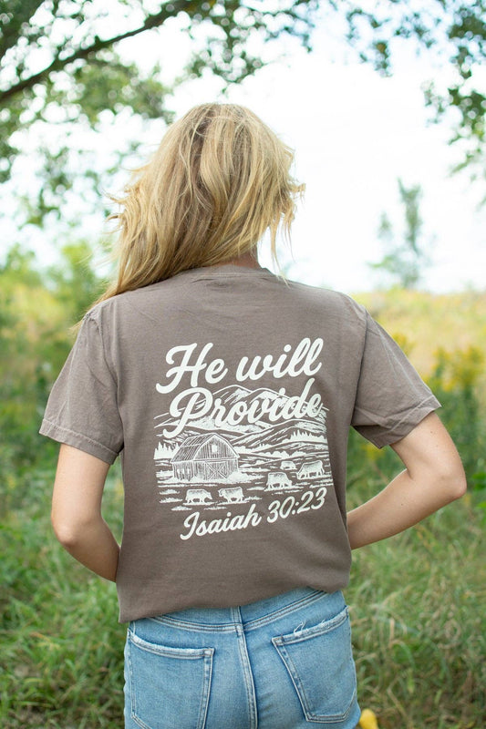 'He Will Provide' Isaiah 30:23 Brown Graphic Tee