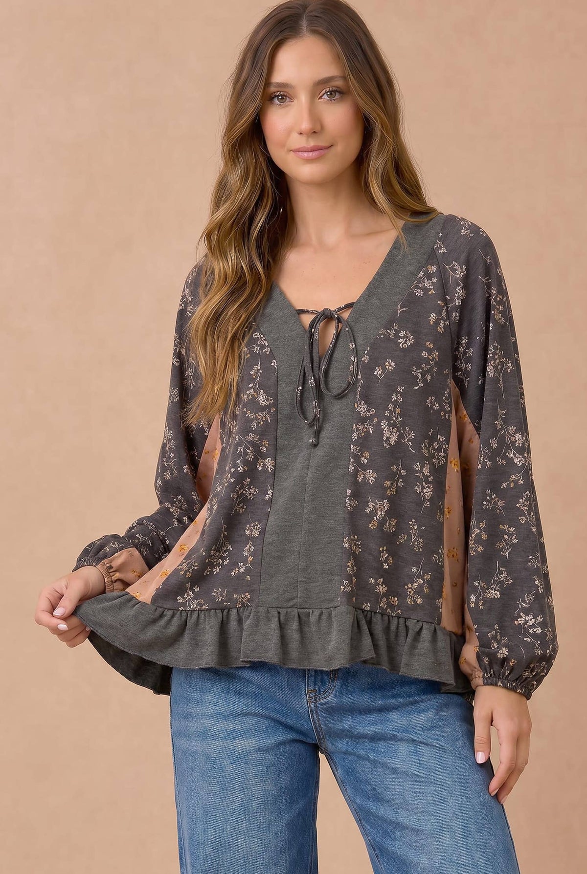Floral Color Block Babydoll Peplum Top – Charcoal