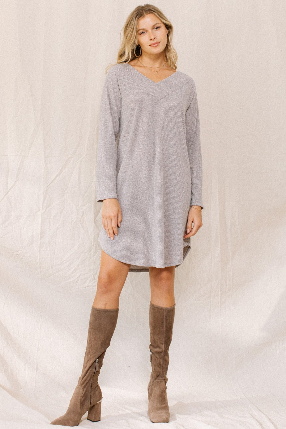 Everyday Ribbed V-Neck Sweater Dress