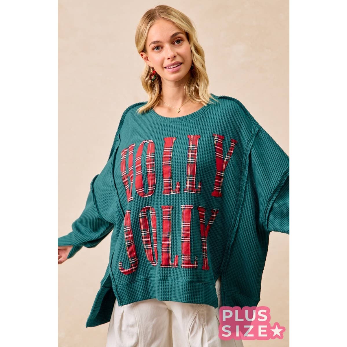 Holly Jolly Plaid Oversized Waffle Knit Christmas Sweatshirt