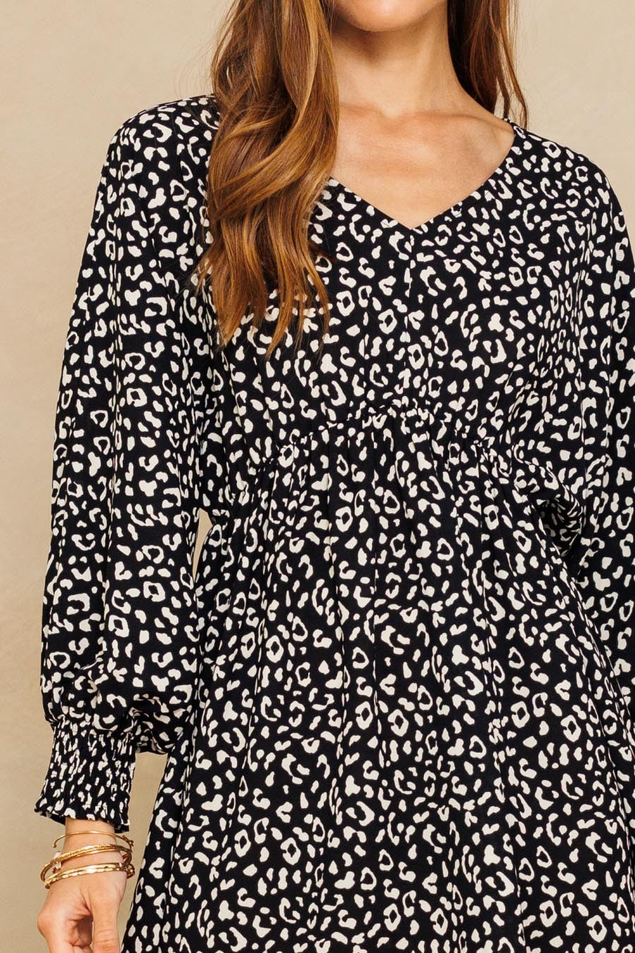 Black Leopard Print Babydoll Dress – Long Sleeve Ruffle Hem