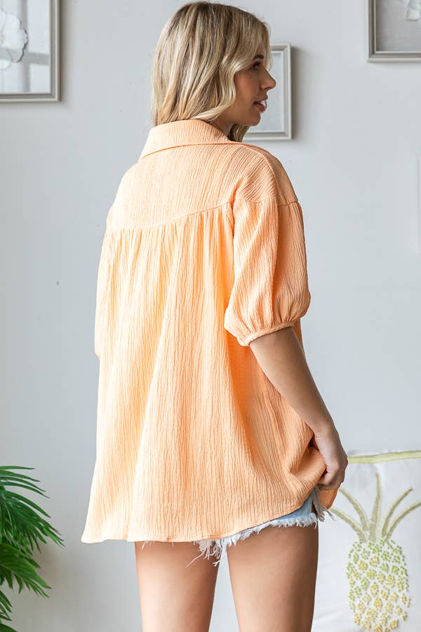 Solid Crinkle Button Down Short Sleeve Blouse