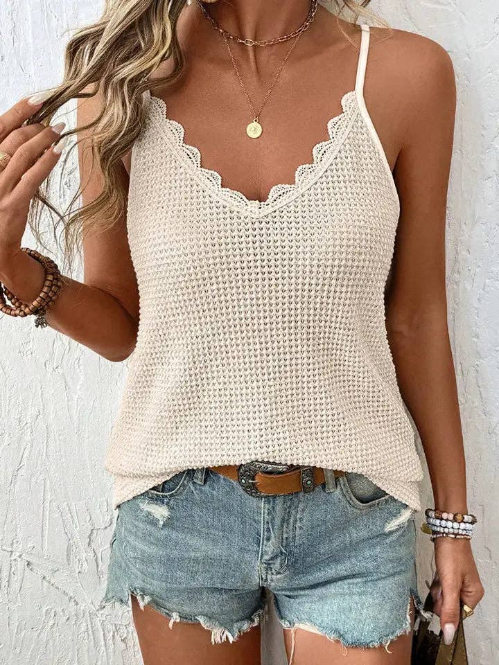 Sweet Summer Scallop Trim Tank – Crochet Knit V-Neck Camisole