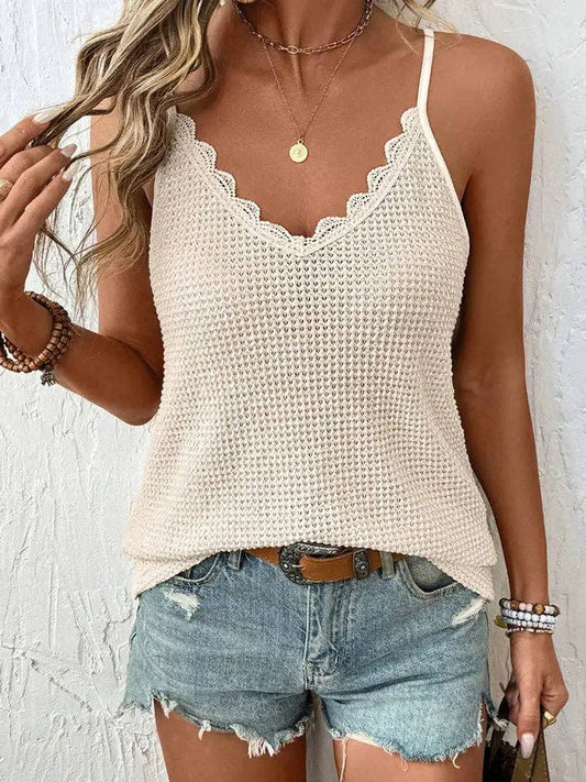 Sweet Summer Scallop Trim Tank – Crochet Knit V-Neck Camisole