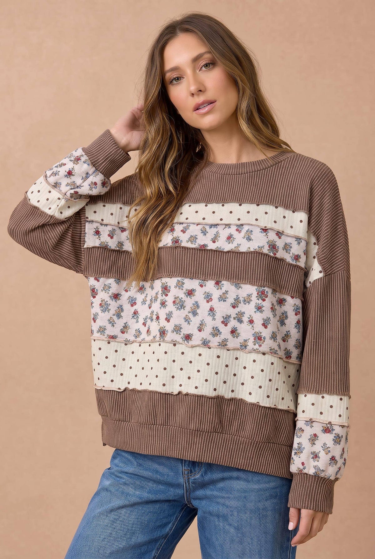 Vintage Floral & Polka Dot Mixed Knit Sweater – Mocha