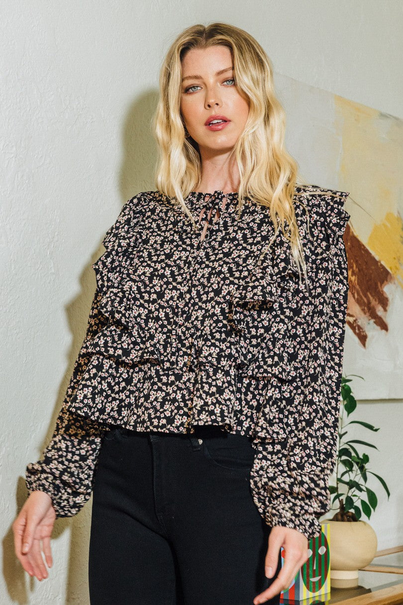 Midnight Bloom Ruffle Babydoll Blouse
