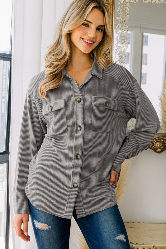 Charcoal Textured Button-Down Shacket – Relaxed Fit